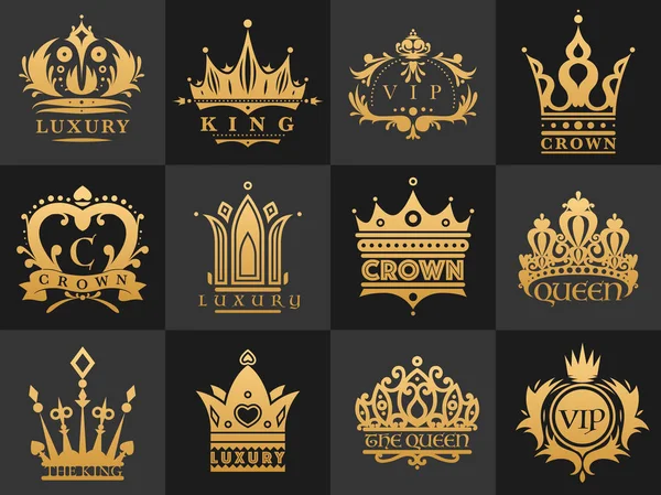 Crown vintage premium golden logo badge heraldic emblem luxury kingdomsign vector illustration. — Stock Vector