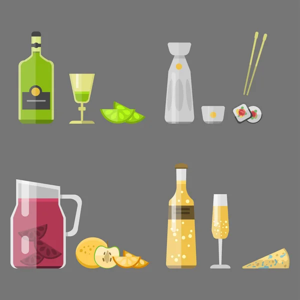 Bebidas alcohólicas bebidas cóctel aperitivo botella lager contenedor borracho diferentes bocadillos vasos vector ilustración . — Archivo Imágenes Vectoriales