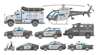 Polis araba vektör İlkesi aracını veya helikopter ve polis polis memurları taşıma ve polis teşkilatı otomatik beyaz arka plan üzerinde izole motosiklet illüstrasyon sette
