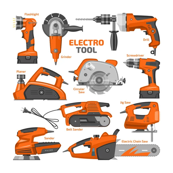 Macchine utensili vettoriali macchine edili elettriche Power-planer smerigliatrice e circolare-sega illustrazione set di cacciavite e levigatrice elettrica in cassetta degli attrezzi isolato su sfondo bianco — Vettoriale Stock