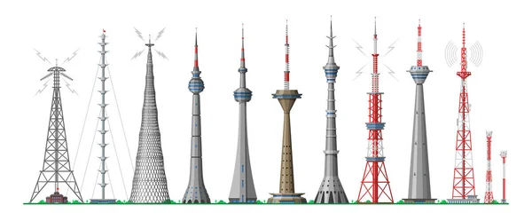 Torony vektor globális skyline tornyosult antenna építése a város és a felhőkarcoló építési hálózati kommunikáció illusztráció városkép sor fölé magasodó építészet elszigetelt fehér background — Stock Vector
