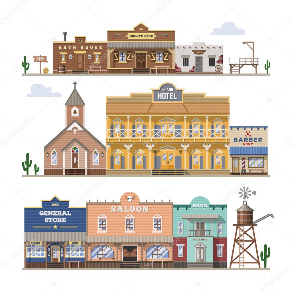 Saloon vector wild west building and western cowboys house or bar in street illustration wildly set of country landscape with architecture hotel store isolated on white background
