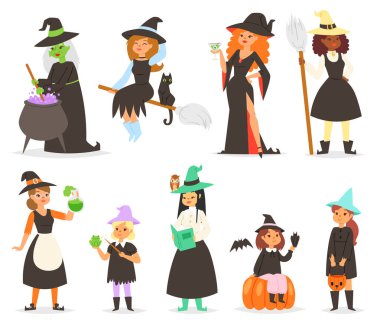 Sevimli küçük Halloween Kız witchs süpürge ile mutlu Halloween invintation poster kartı parti baskı sihirli kart fantezi genç karakter kostüm şapka vektör tasarlamak tebrik dizi karikatür