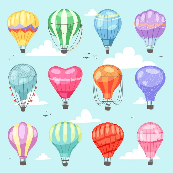 Ballon vecteur dessin animé air-ballon ou aérostat avec panier volant dans le ciel et ballon aventure vol illustration ensemble de ballon voyage volant jouet isolé sur fond — Image vectorielle