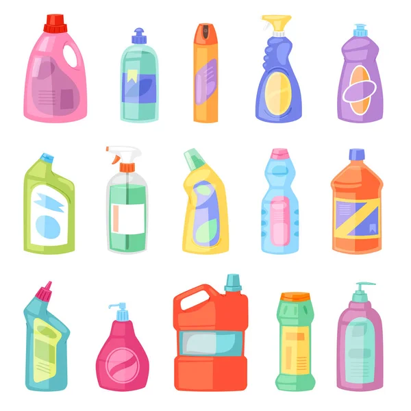 洗涤剂瓶矢量塑料空白容器与清净液体和样机家用清洁产品洗衣插图集清理 deterge 包在白色背景上隔离 — 图库矢量图片