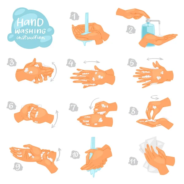 Wash hands vector instructions of washing or cleaning hands with soap and foam in water illustration antibacteriano set of healthy skincare with bubbles isolated on white background —  Vetores de Stock