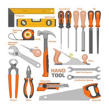 El araç vektör inşaat handtools çekiç pense ve tornavida marangozlar somun anahtarı ve el-testere beyaz arka plan üzerinde izole araç resimde atölye dizi