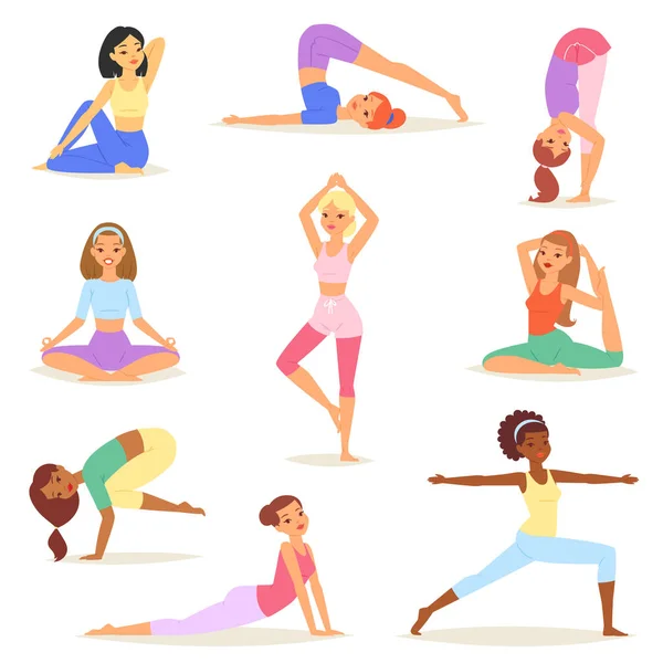 Yoga mujer vector mujeres jóvenes yogui carácter entrenamiento ejercicio flexible pose ilustración conjunto de chicas saludables estilo de vida entrenamiento con meditación equilibrio relajación aislado sobre fondo blanco — Vector de stock
