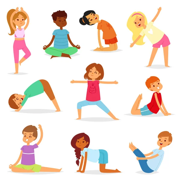 Yoga kids vector young child yogi character training sport exercise illustration healthy lifestyle set of cartoon boys and girls wellness activity of stretching meditation isolated on white background — Stock Vector