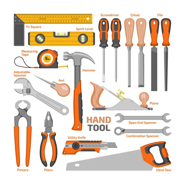 Hand tool vector construction handtools hammer pliers and screwdriver of toolbox illustration workshop set of carpenters spanner and hand-saw isolated on white background — Stock Vector