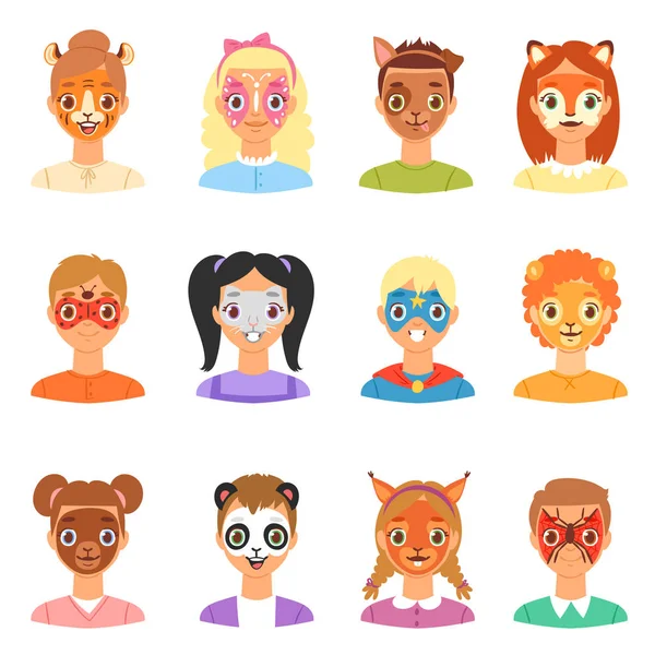 Peinture visage enfants vecteur enfants portrait avec maquillage peint sur le visage et personnage de fille ou de garçon avec peinture animalière colorée chien chat pour l'illustration de la fête mis isolé sur fond blanc — Image vectorielle