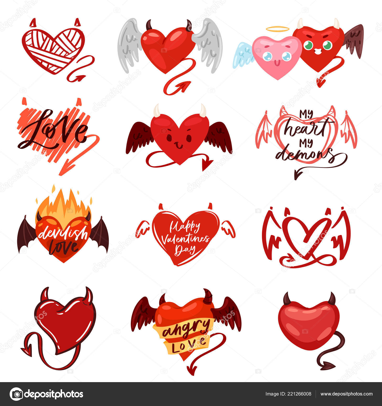Simbolo rosso di amore del cuore di diavolo con le corna in amare San Valentino giorno carta illustrazione romantica serie di incantevoli dal cuore malvagio