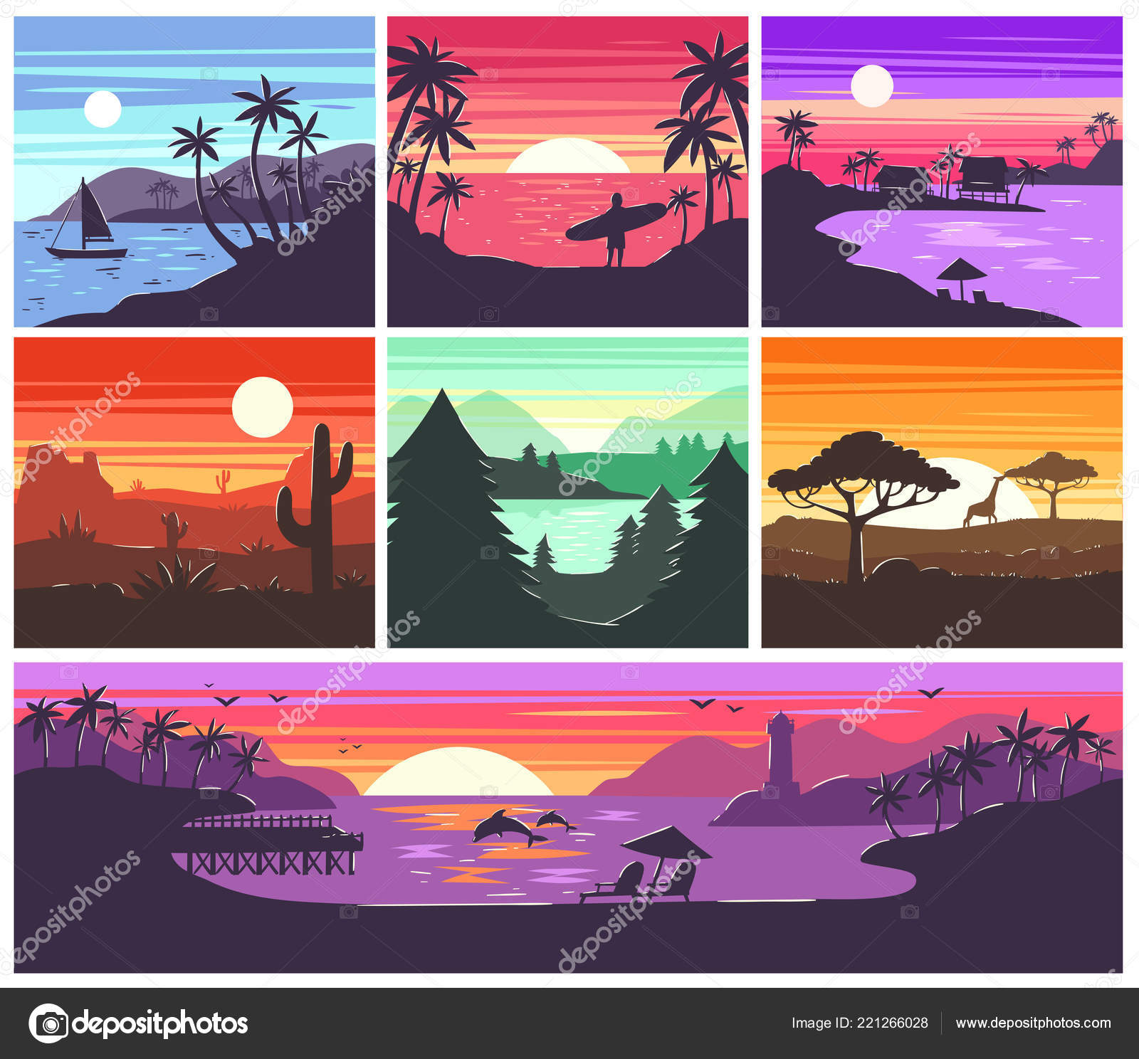 하와이 야자수와 열 대 햇빛 배경과 여름 햇빛 해안 벽지의 배경 그림 세트에 산 실루엣 벡터 일몰 일출 스톡 벡터 -  ©VectorShow 221266028, image size:1600x1488