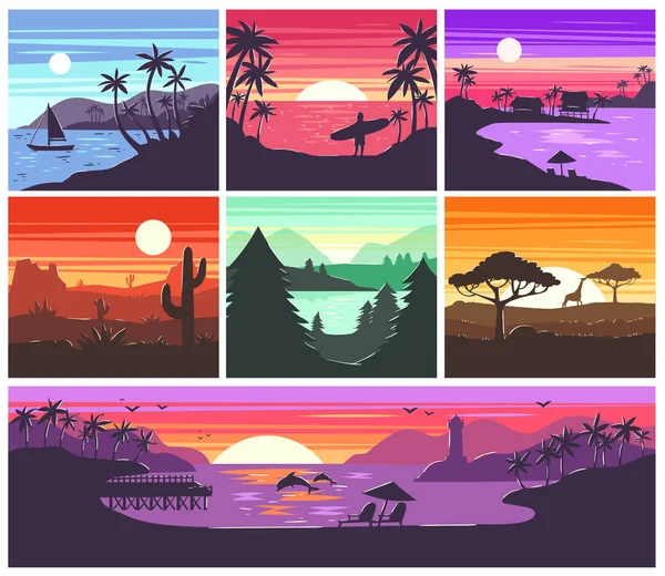 Naplemente vektor napkelte Hawaii tenyerét vagy hegyi silhouette hátteret ábrán sor trópusi napfény háttér és a nyári napsütés seacoast háttérkép — Stock Vector