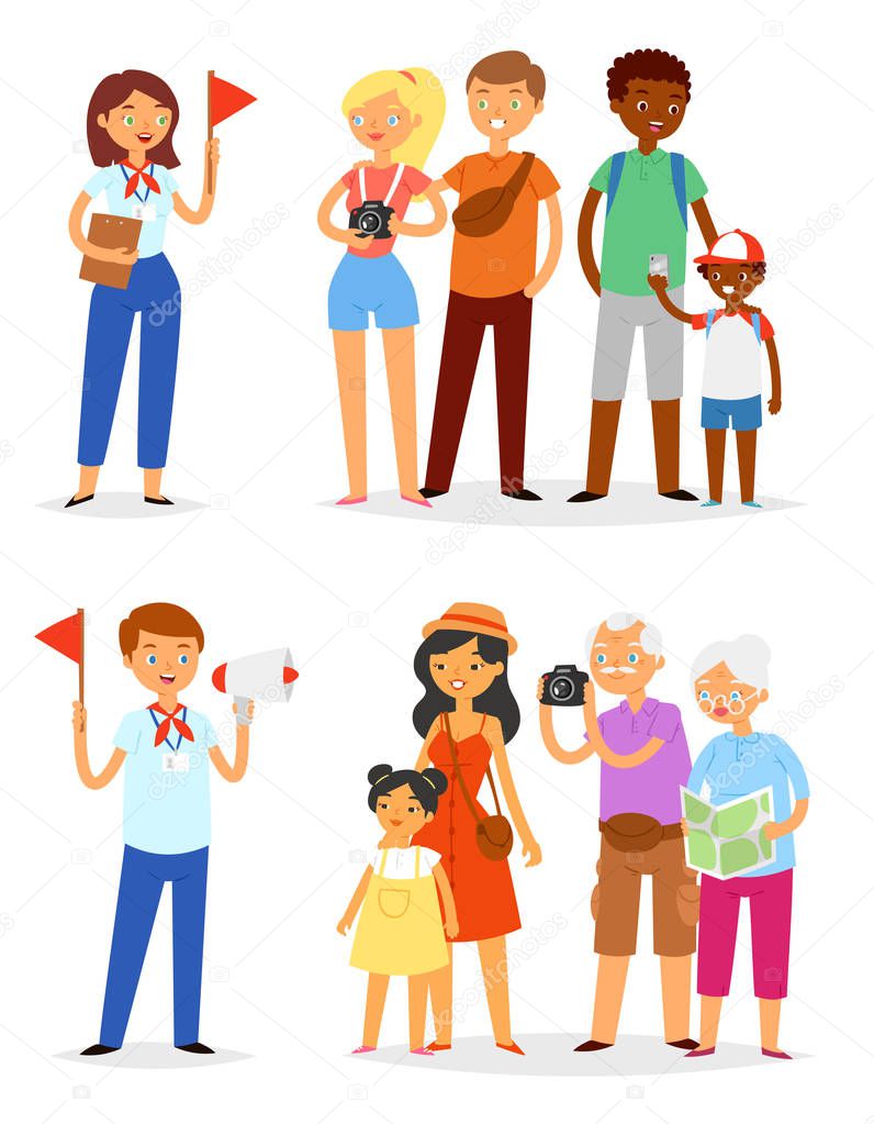Tour guide vector man and woman characters guiding sightseeing group of tourists on vacation illustration set of travelling people family with kids elderly isolated on white background
