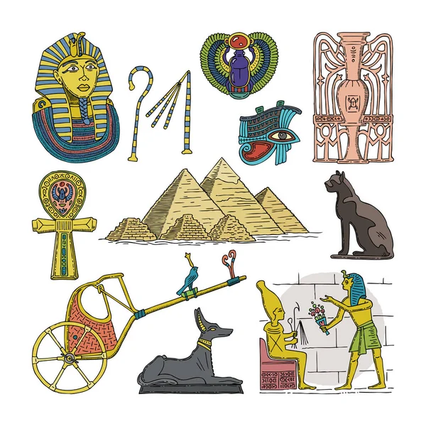 Egyptiska vektor antika Farao pyramid sphinx katt staty av Egypten kultur historisk arkitektur illustration uppsättning arkeologi samling afrikanska vas isolerad på vit bakgrund — Stock vektor