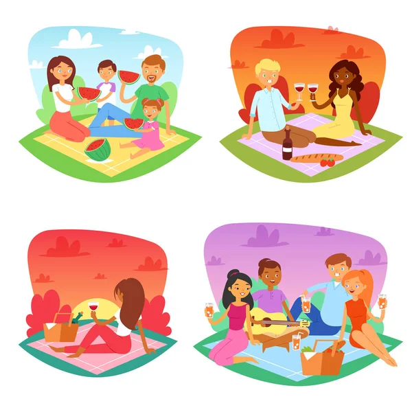 Picnic vector personas feliz familia amigos encantadora pareja picnic en parque ilustración conjunto de hombre mujer niños niño o niña picnic personajes al aire libre aislado sobre fondo blanco — Vector de stock