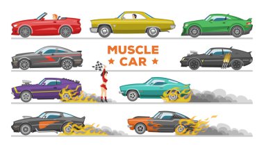 Beyaz arka plan üzerinde izole hızlı hızlı aracın yolda ve ralli spor olay formula otomobil illüstrasyon taşımacılık konusunda sürüş retro yarış otomatik speedcar yarış muscle car vektör ayarla