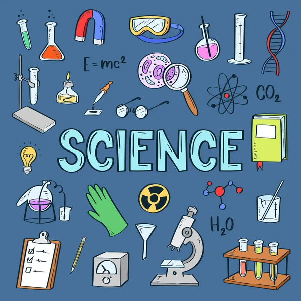 Chemie Vektor chemische Wissenschaft oder Pharmazie Forschung in der Schule Labor für Technologie oder Experiment im Labor Illustration Set von Laborausrüstung Mikroskop isoliert auf dem Hintergrund — Stockvektor