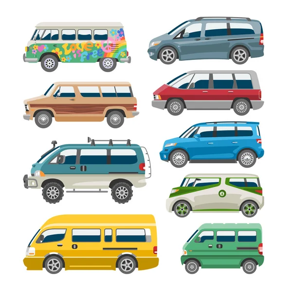 Minivan auto vettore van auto veicolo famiglia minibus veicolo e automobile banner isolato citycar impostato su sfondo bianco illustrazione — Vettoriale Stock