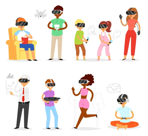 Vetor de realidade virtual pessoas no jogador personagem vr com óculos vr e pessoa jogando em praticamente jogo ilustração conjunto de homem mulher crianças jogos em gadget isolado no fundo branco —  Vetores de Stock