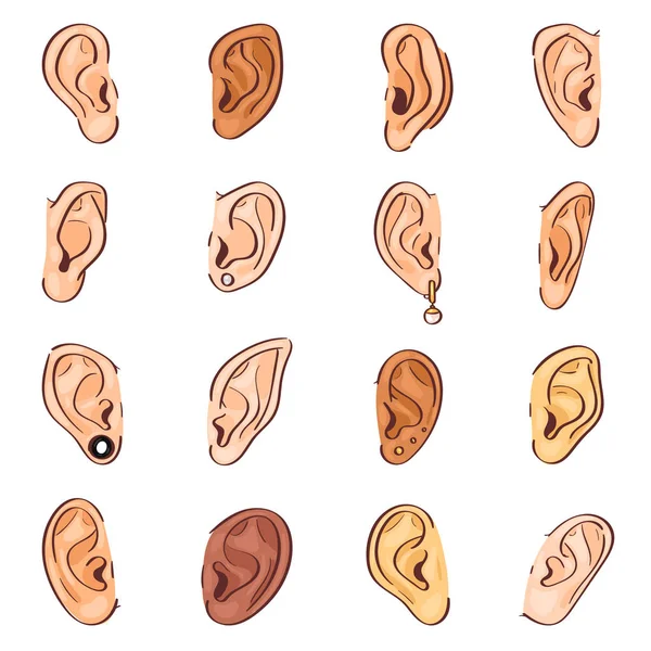 Oído vector humano tímpano cuerda audición sonidos o sordera y escuchar parte del cuerpo ilustración sensorial conjunto de orejas femeninas con pendientes pendientes pendientes aislados sobre fondo blanco — Archivo Imágenes Vectoriales