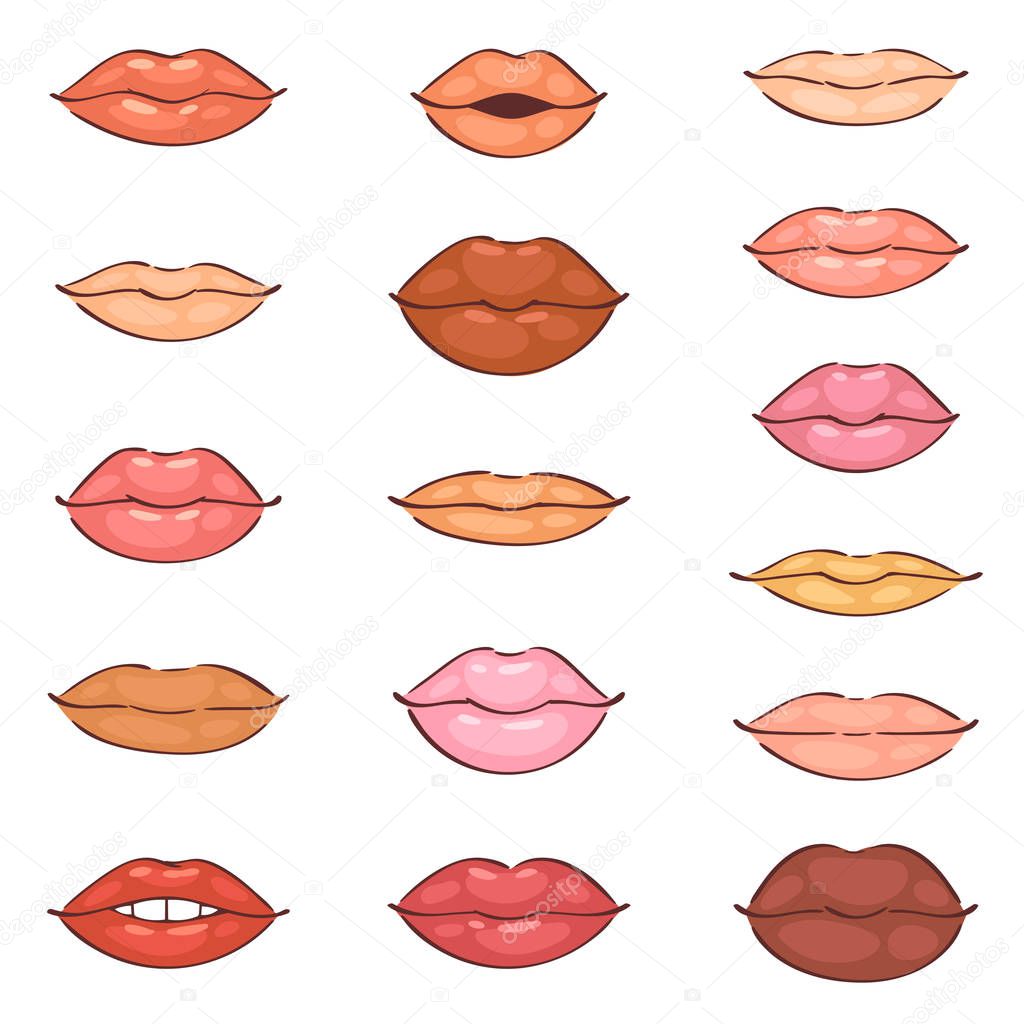 Lip kiss vector cartoon smile and beautiful red lips makeup or fashion girls lipstick and sexy mouth kissing lovely on valentines day set illustration isolated on white background