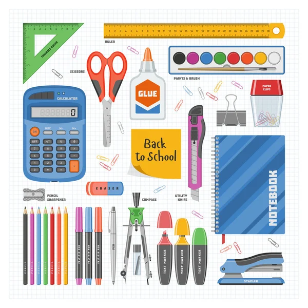 Office supply vector briefpapier school extra pictogrammen en toebehoren van onderwijs assortiment potlood marker rekenmachine illustratie pennenset geïsoleerd op witte achtergrond — Stockvector