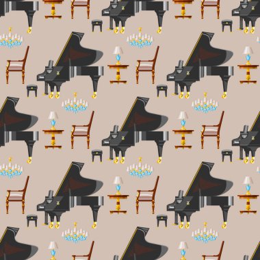 Klavye piyano müzik aleti klasik müzisyen ekipman Dikişsiz desen arka plan vektör çizim