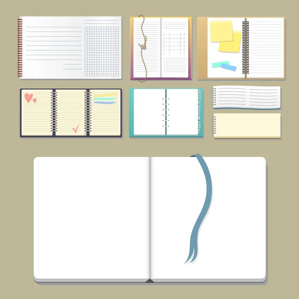 Set von offenen realistischen Notizbüchern mit Seiten Tagebuch Office Sheet Template Booklet und leeres Papier Bildung Copybook Organizer Vektor Illustration. — Stockvektor