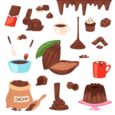 Çikolata vektör karikatür kakao choco tatlı yiyecek kakao çekirdekleri kek Konfeksiyon illüstrasyon dizi Kupası çikolata tavşan beyaz arka plan üzerinde izole tropikal meyve ve kakao içecek