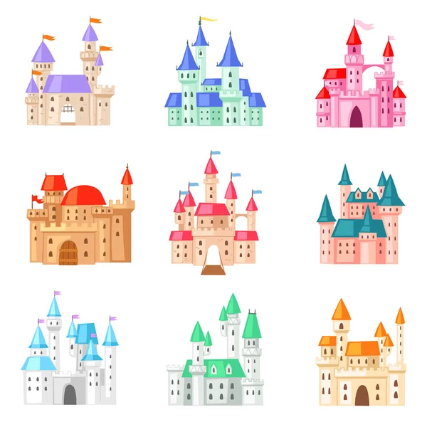 Cartoon castle vector fairytale medieval tower of fantasy palace building in kingdom fairyland illustration childish set of princess fairy-tale house isolated on white background — Stock Vector