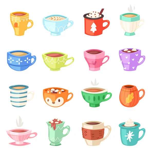 Taza de dibujos animados vector niños tazas de café caliente o té cupful en el desayuno y varias formas de café conjunto ilustración de Navidad mugful taza de té de bebida matutina aislado sobre fondo blanco — Vector de stock