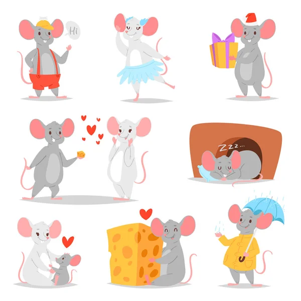 Cartoon mouse vector mousy animal carácter roedor y divertido rata con queso ilustración mousey conjunto de ratoncitos en el amor y mouselook par ilustración conjunto aislado sobre fondo blanco — Vector de stock