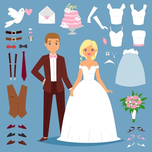 Tecknad bröllop brud och brudgum par vektorillustration av ungt par isolerade på bakgrunden och bröllop ikoner som klänning, dove, hjärtat och bröllop verktyg ikoner. Bröllop personer par tillsammans — Stock vektor