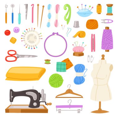 Dikiş vektör terzi araçları iğne iplik makas kumaş biriktirme tasarım için hobi illüstrasyon moda seti beyaz arka plan üzerinde izole kanalizasyon iğne işi terzilik aksesuar dikiş dikmek