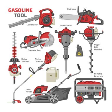 Elektrikli el aletleri vektör Elektrik İnşaat ekipmanları bıçkılar ve Bahçe çim biçme makinesi düzeltici yaprak üfleyici illüstrasyon makine kümesi jackhammer matkap makinesi beyaz arka plan üzerinde izole