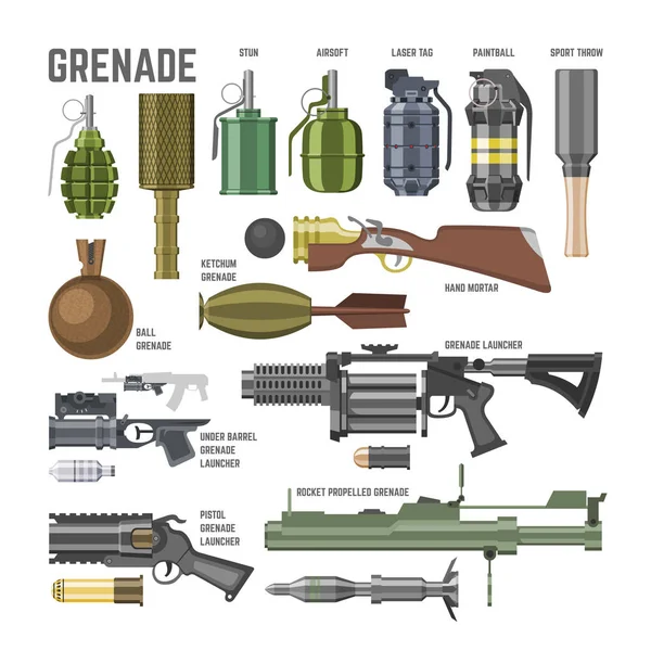 Gun vektor militära vapen granat-pistol armén pistol och krig automatiska skjutvapen eller gevär med kula illustration uppsättning stun hagelgevär eller granat launcher isolerad på vit bakgrund — Stock vektor