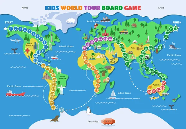 Gra planszowa wektor świat gry mapy gra planszowa z oceanu kontynentów gameboard ilustracja zestaw global tour-mapy gry z początku i zakończenia na tle — Wektor stockowy