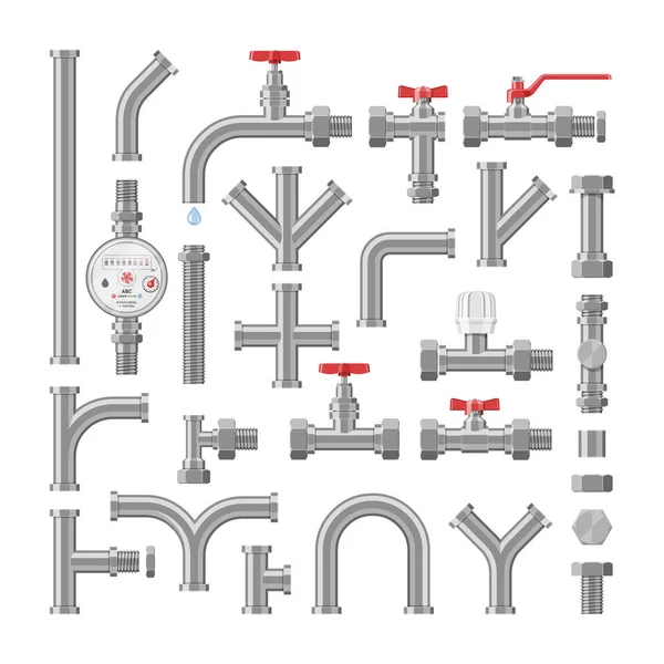 Tubería de tubería vectorial o tubería de tubería construcción del sistema de tuberías de metal ilustración conjunto industrial de tubos metálicos conexión de grifo con válvulas aisladas sobre fondo blanco — Archivo Imágenes Vectoriales