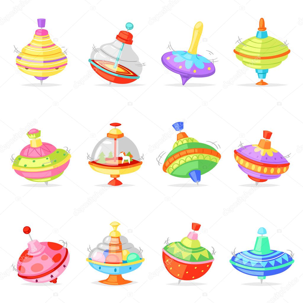 Top toy vector kids whirligig humming spinner colorful spinning playing game illustration set of cartoon childish twirl whipping-top and whirlabout isolated on white background