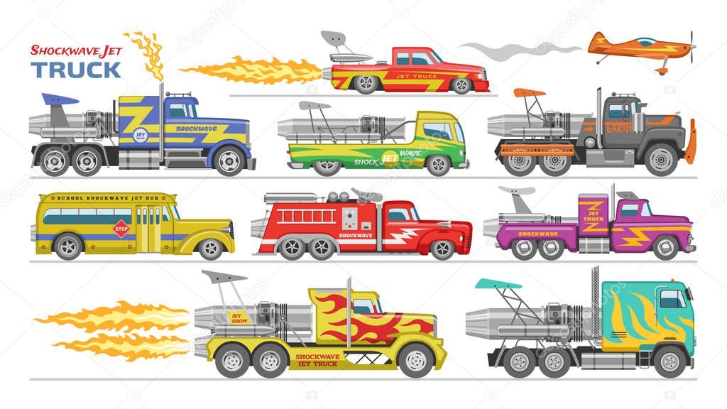 Jet truck vector afterburning race car and flamy drag racing on speedcar on sport event racetrack illustration set of shockwave jet-truck afterburner vehicle fire isolated on white background