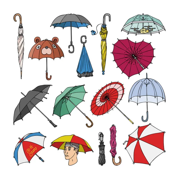 Paraguas vector paraguas en forma de lluvia protección abierta y colorida parasol accesorio ilustración conjunto de otoño llovió cubierta protectora paraguas-stand y diseño moderno aislado sobre fondo blanco — Archivo Imágenes Vectoriales