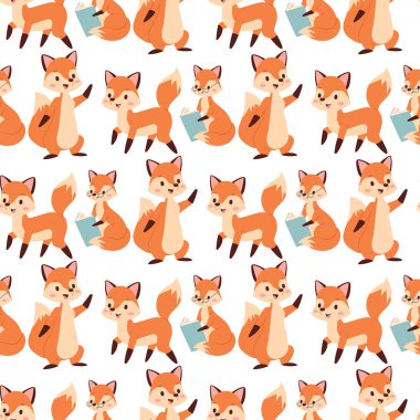 Fox karakteri farklı etkinlikler komik mutlu doğa kırmızı seksi sevimli sevimli kuyruk ve yaban hayatı turuncu orman hayvan Dikişsiz desen arka plan vektör çizim yapıyor.