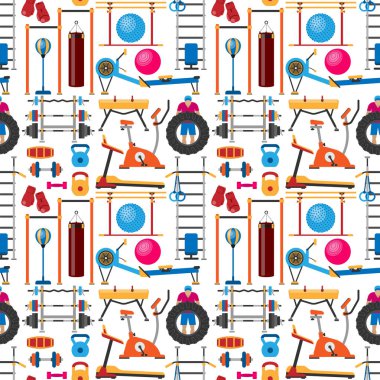 Fitness spor salonu kulüp athlet spor aktivite vücut araçları sağlık dumbbell ekipman Dikişsiz desen arka plan vektör çizim