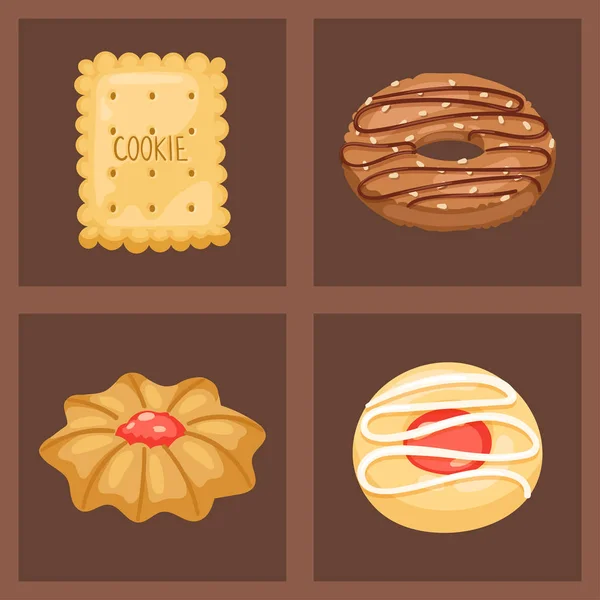 쿠키 벡터 케이크 최고 보기 달콤한 홈메이드 아침 식사 빵 비스킷 식품 베이커리 쿠키 과자 그림. — 스톡 벡터