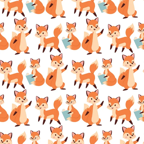 Fox personnage faisant différentes activités drôle nature heureuse rouge foxy mignon adorable queue et faune forêt orange animal motif sans couture arrière-plan vectoriel illustration . — Image vectorielle