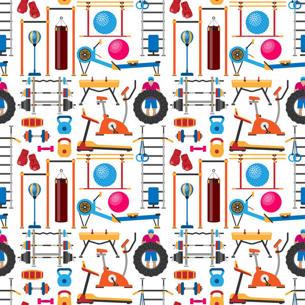 Тренажерный зал фитнес-клуб атлет спортивные инструменты тела оздоровительное оборудование гантели бесшовные картины фон векторная иллюстрация
