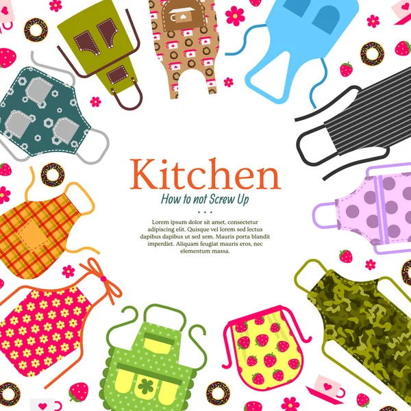 Set van kleurrijke keuken schorten met patronen pictogrammen achtergrond. Beschermende kleding. Koken jurk voor huisvrouw of chef-kok van restaurant vectorillustratie. Hoe niet verpesten. — Stockvector