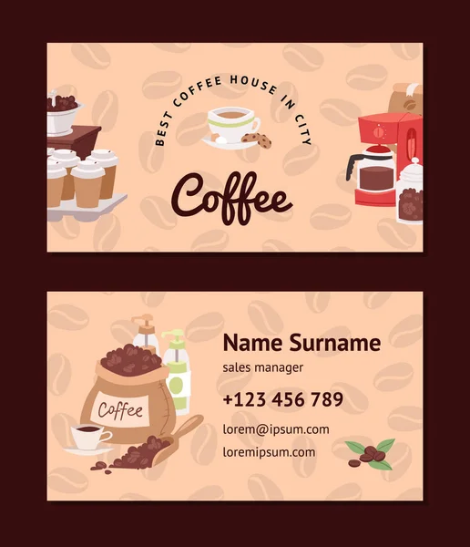 Koffie patroon vector coffeebeans visitekaartje coffeecup drankje hete espresso of cappuccino in coffeeshop achtergrond instellen Mok met cafeïne in bar illustratie visitekaartje achtergrond — Stockvector